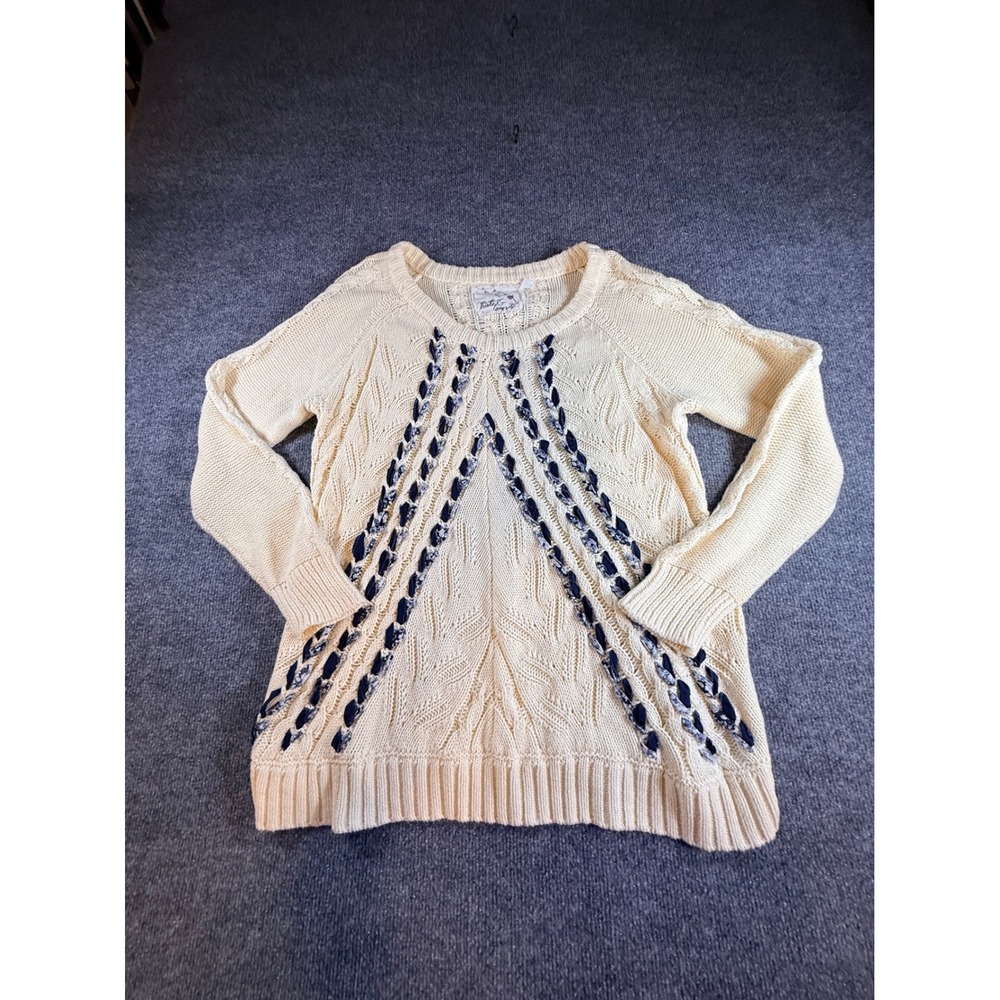 Thistle & Lavender Women XL Cream Cable Knit Sweater Navy Woven Ribbon Detail